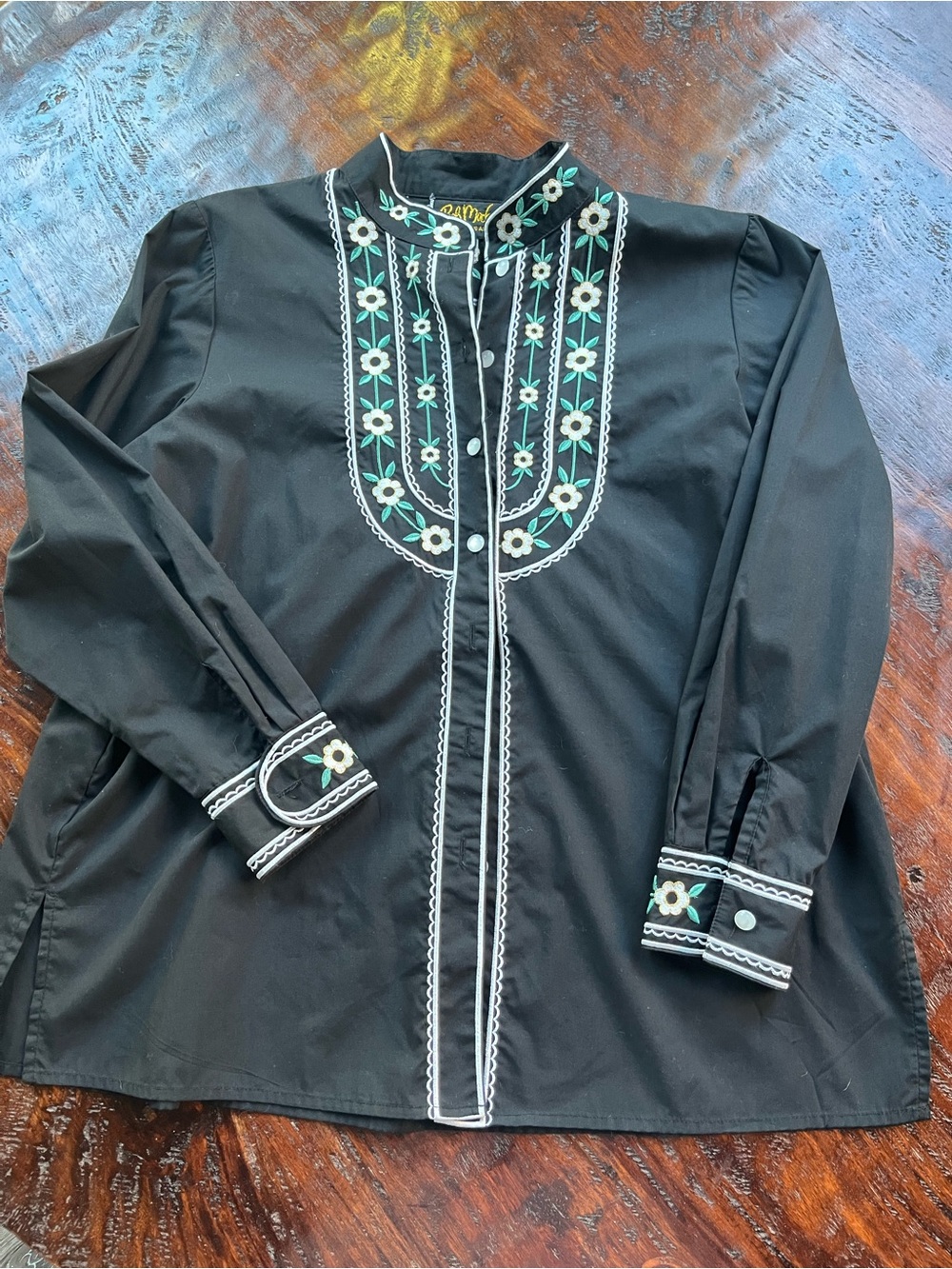 Bob Mackie Black Embroidered Floral Blouse Western Small